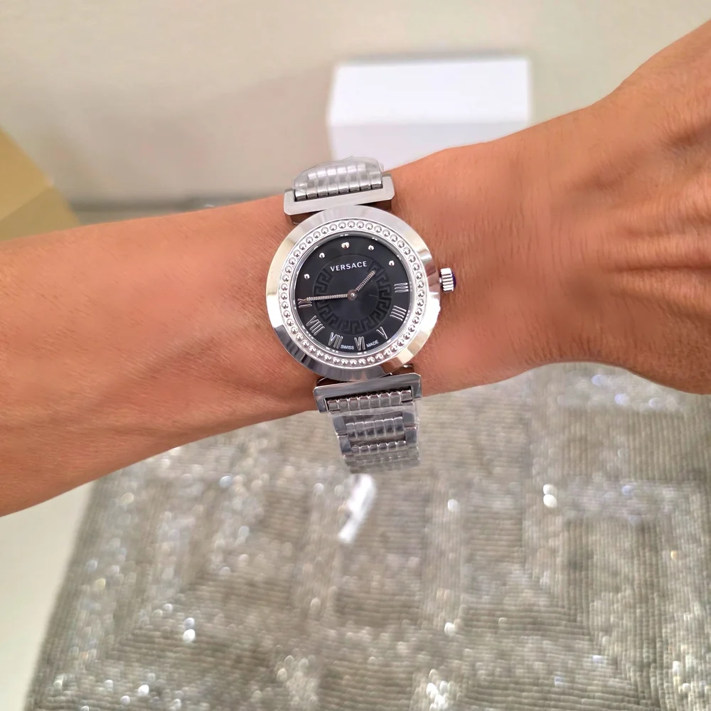 NEW Versace Swiss Made Stainless Black Dial Silver Bracelet Women's Wristwatch